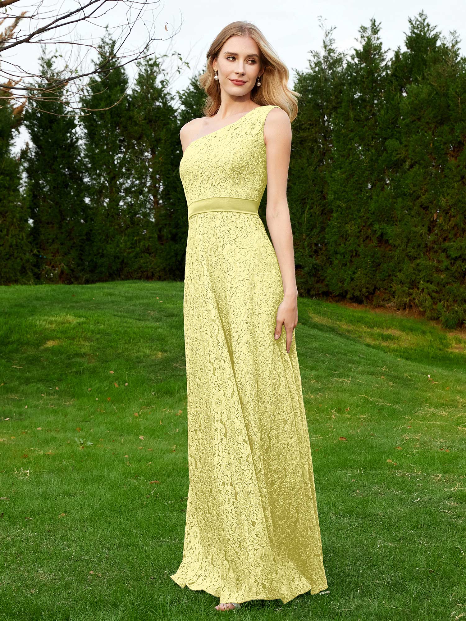 One Shoulder Floor Length Lace Bridesmaid Gown Daffodil